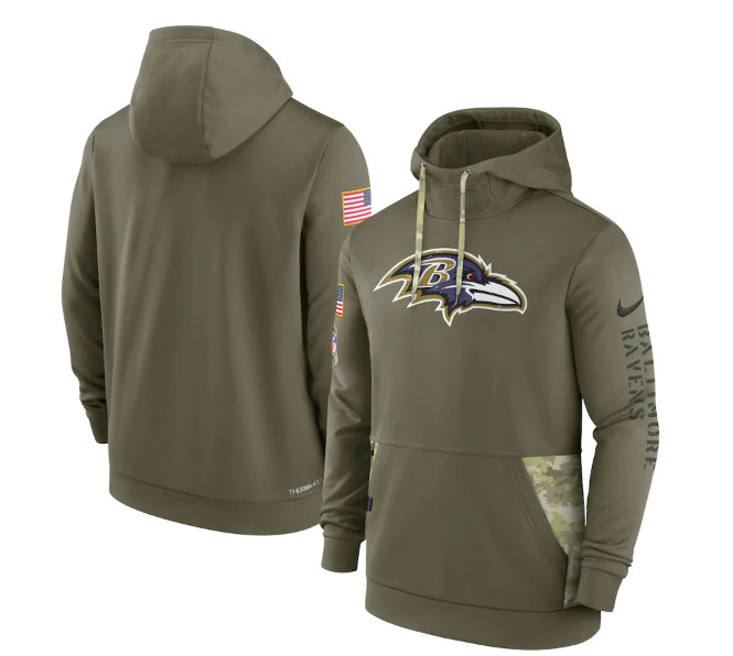 Baltimore Ravens 2022 Olive Salute To Service Therma Performance Pullover Hoodie